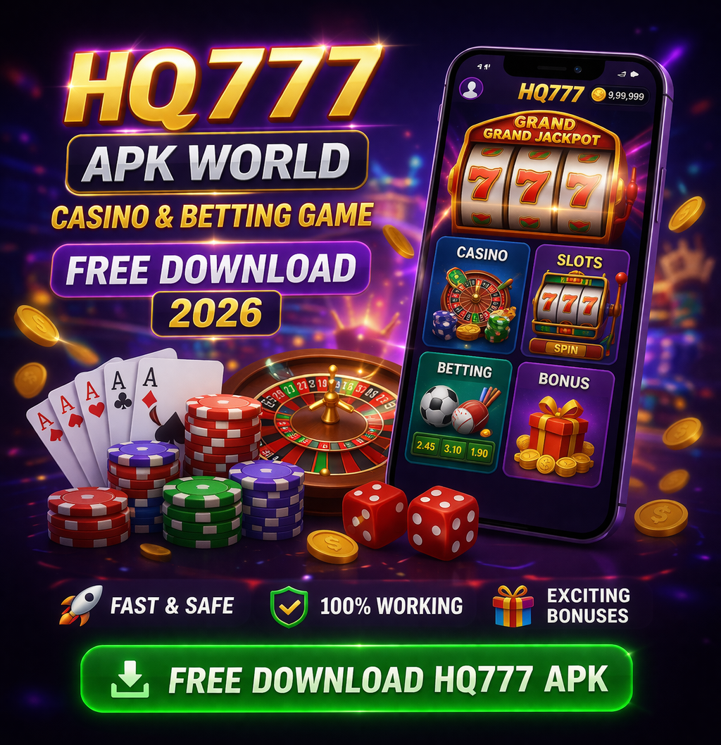 Promotional image for HQ777 APK World Casino Betting Game 2026. Features bold, metallic 'HQ777' logo, playing cards, poker chips, dice, and a roulette wheel. Neon-lit, vibrant background with gold and purple accents. Includes text 'APK World', 'Casino & Betting Game', and 'Free Download 2026'. Designed to attract mobile gamers with a flashy, casino-themed aesthetic."