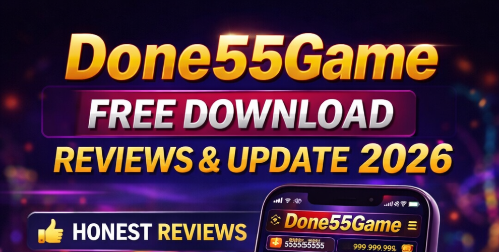 Promotional image for Done55 Game Free Download Reviews and Update 2026. A smartphone displays the Done55 Game app interface with casino games, slots, betting, and bonuses. The background features poker chips, playing cards, dice, and roulette wheel with vibrant neon colors. Text highlights earning money online in Pakistan, free download, honest reviews, latest updates, and best bonuses