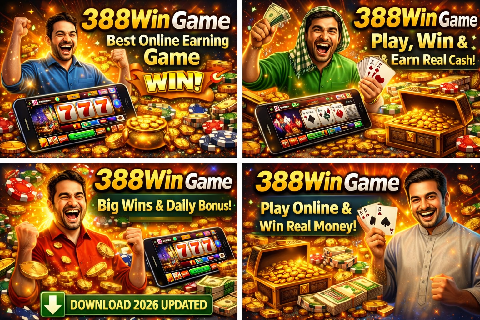 388Win Game promotional banner showing a man winning online game with mobile screen, gold coins and cash rewards
